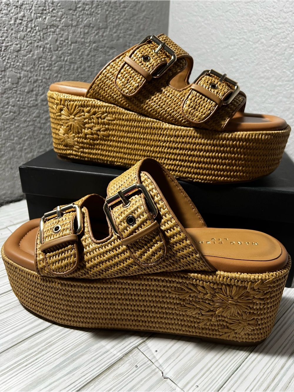 Marc Fisher LTD Poppy Raffia Platform Wedge Sandals Natural Tan brown Size 9.5